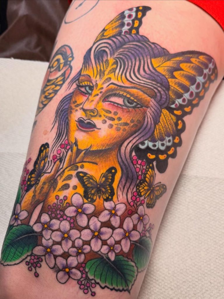 Neotraditional Colorful Tiger Woman Butterfly Tattoo
